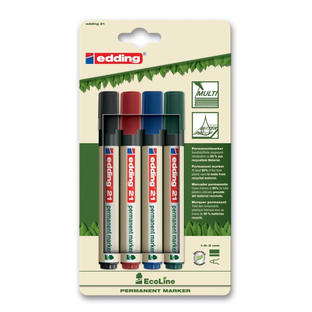 Edding EcoLine 22 Permanent Marker Chisel Tip 1mm-5mm 90% Recycled Assorted Pk 4