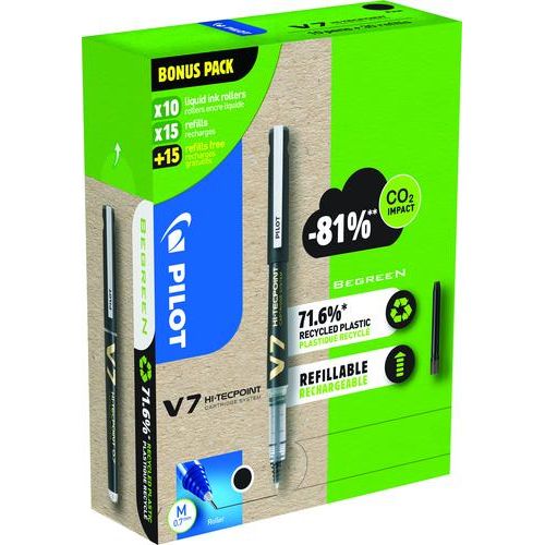 Pilot Green Pack Hi-Tecpoint V7 Eco Liquid Ink Rollerball Black 10 Pens and 30 Refills