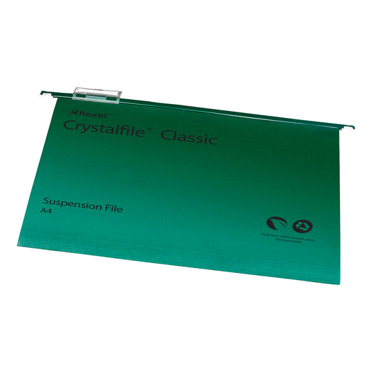 Rexel Crystalfile Classic A4 Manilla Suspension File V-Base 15mm Green Pack of 50