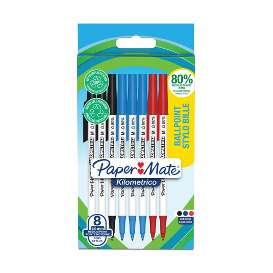 Paper Mate Kilometrico Ballpoint Pen Assorted Colours 80% recycled Plastic Pack of 8