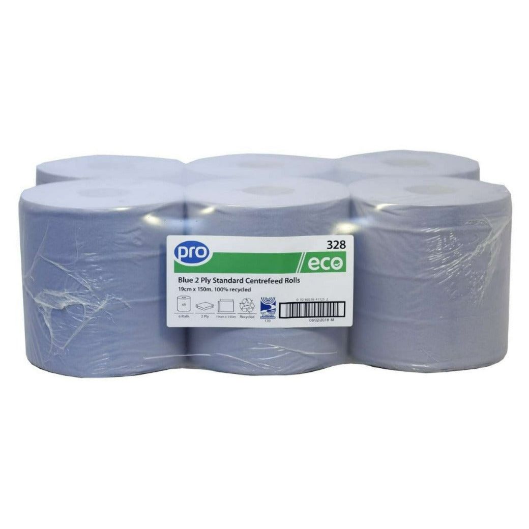 PRO Eco 100% Recycled Blue 2 Ply Centrefeed Roll 190mm x 150m Case of 6