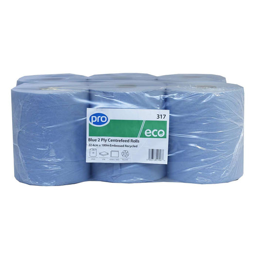 PRO Eco Blue 100% Recycled 2 Ply Centrefeed Roll 23cm x 180m Case of 6 Rolls