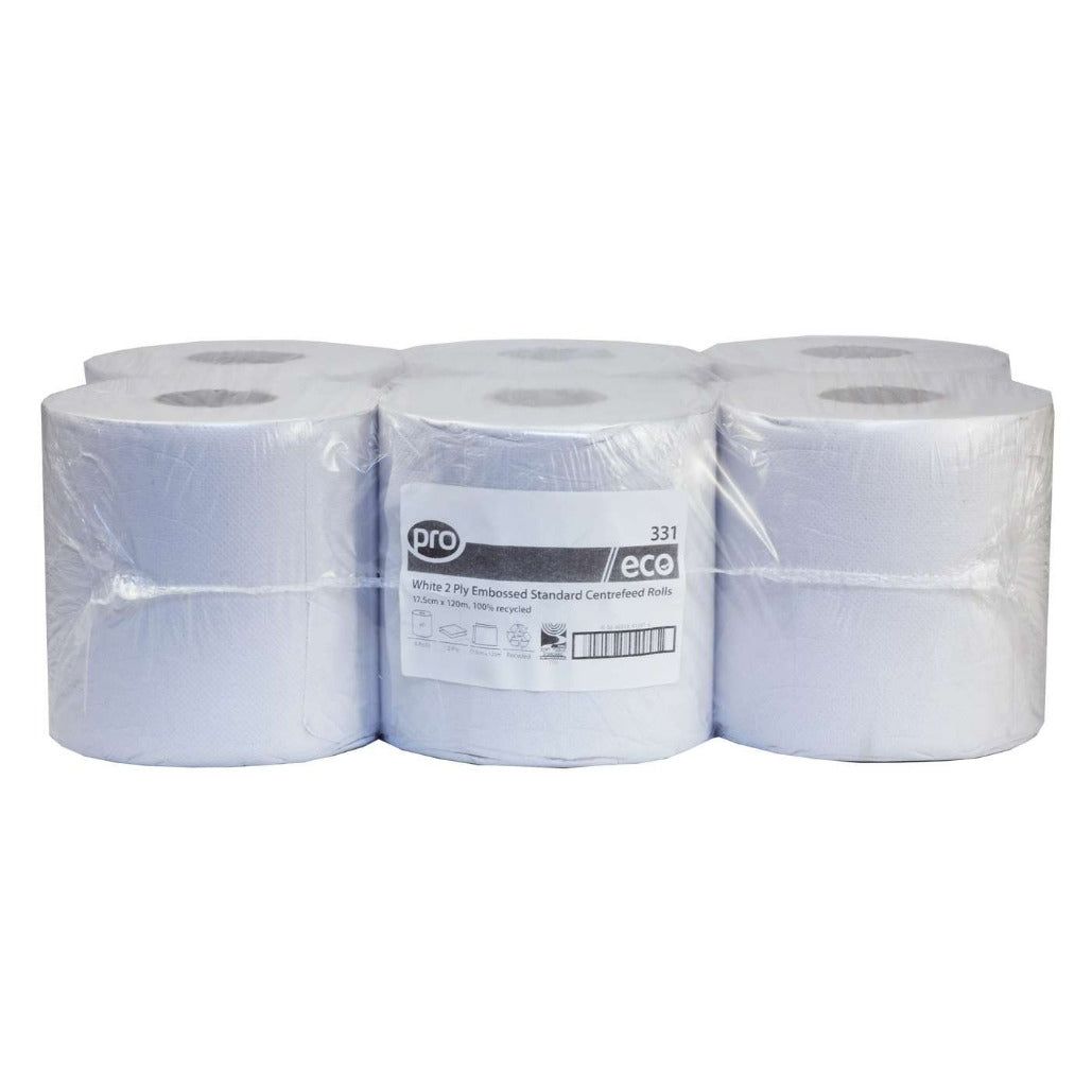 PRO Eco 100% Recycled White 2 Ply Centrefeed Roll 166mm x 120m Case of 6