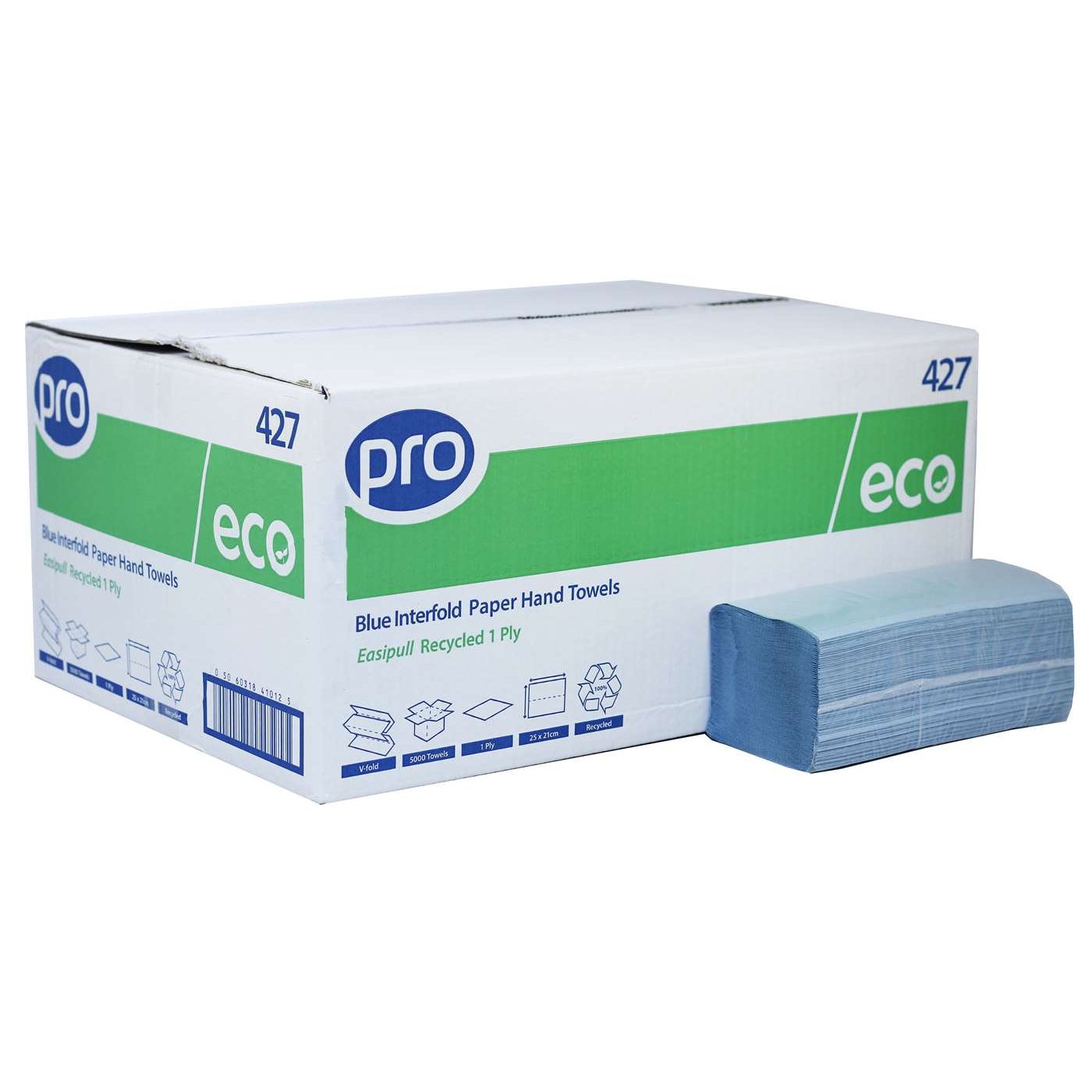 PRO Eco Easipull V-Fold 1 Ply 100% Recycled Hand Towels Case of 5000 Towels Blue