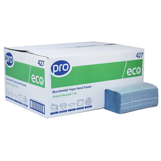 PRO Eco Easipull V-Fold 1 Ply 100% Recycled Hand Towels Case of 5000 Towels Blue