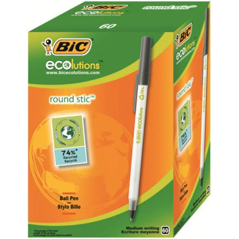 Bic ECOlutions Round Stic Recycled Slim Ballpoint Pen Black Pack of 60