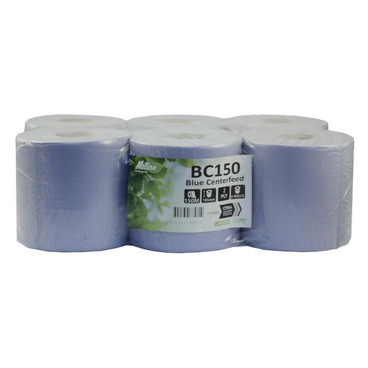 PRO Nature 100% Recycled 2 Ply Blue Centrefeed Roll 16.5cm x 150m, Case of 6