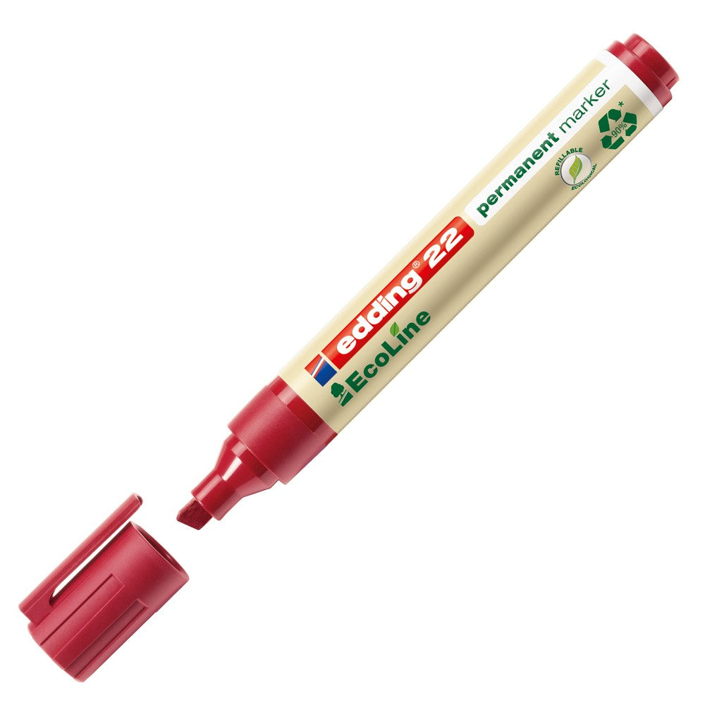 Edding EcoLine 22 Permanent Marker Chisel Tip 1mm-5mm 90% Recycled Red Pk 10