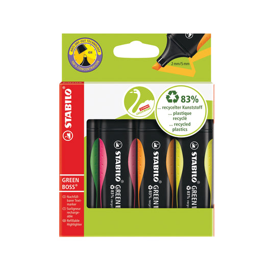 STABILO GREEN BOSS Highlighter Pen Chisel tip Assorted Colours Pack of 4