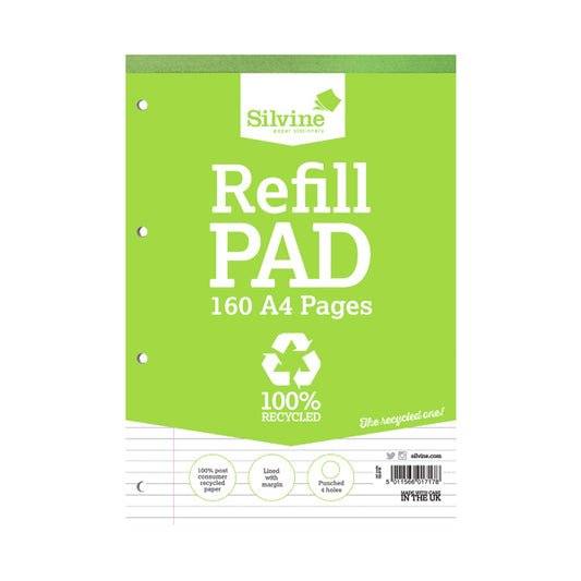 Silvine A4 Everyday Refill Pad Recycled 70gsm Ruled Margin 160 Pages Pack of 6