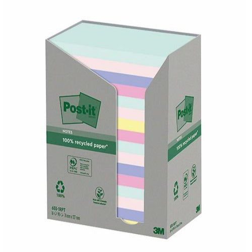 Post it Recycled Notes 76 x 127mm Assorted Colours 100 Sheets Per Pad Pack of 16