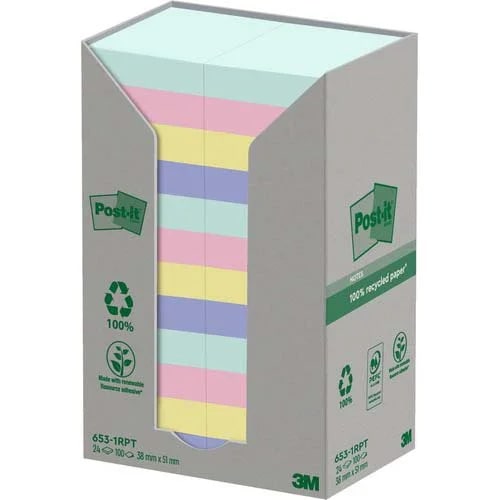 Post it Recycled Notes Assorted Colours 38x51mm 100 Sheets Per Pad Pack of 24