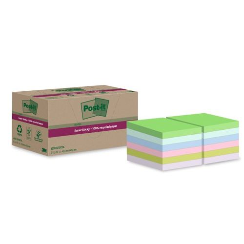 Post-it Super Sticky 100% Recycled Notes Assorted Colours 47.6 x 47.6mm 70 sheets per pad Pack of 12