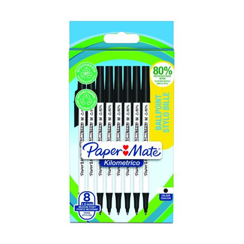 Paper Mate Kilometrico Ballpoint Pen Black 80% Recycled Plastic Pack of 8