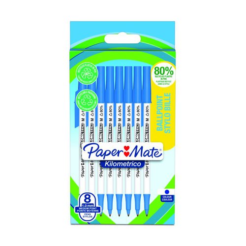 Paper Mate Kilometrico Ballpoint Pen Blue 80% Recycled Plastic Pack of 8