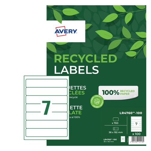 Avery 38 x 192mm Recycled Address Labels 7 Per Sheet 100 Sheets Per Pack LR4760-100