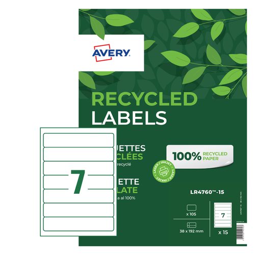 Avery 38 x 192mm Recycled Address Labels 7 Per Sheet 15 Sheets Per Pack LR4760-15