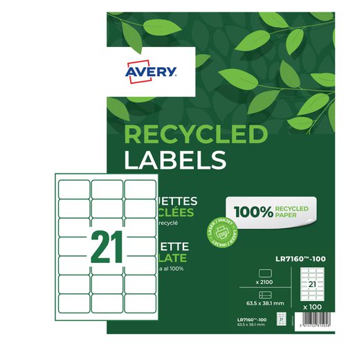 Avery 63.5x38.1mm QuickPEEL Recycled Address Laser Labels 21 per Sheet 100 sheets per pack LR7160-100