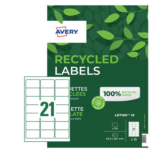 Avery 63.5 x 38.1mm Recycled Address Labels 21 Per Sheet 15 Sheets Per Pack LR7160-15