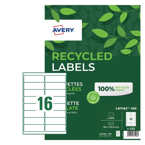 Avery 99.1 x 33.9mm QuickPEEL Recycled Address Laser Labels 16 per Sheet 100 sheets per pack LR7162-100