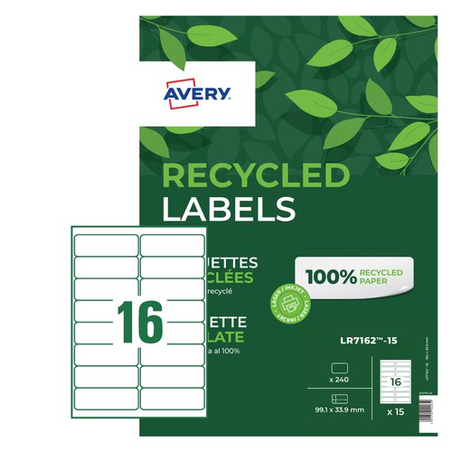 Avery 99.1 x 33.9mm Recycled Address Labels 16 Per Sheet 15 Sheets Per Pack LR7162-15