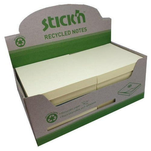 Stick'N Repositionable Recycled Notes 76x76mm 100 Sheets per Pad Yellow Pk 12